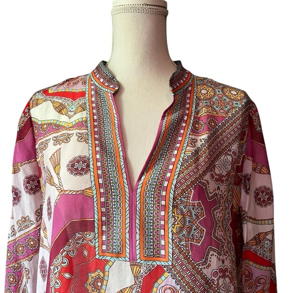 Hale Bob Pink and Red Graphic Silk Tunic with Mandarin Collar Size XL - Picture 2 of 10